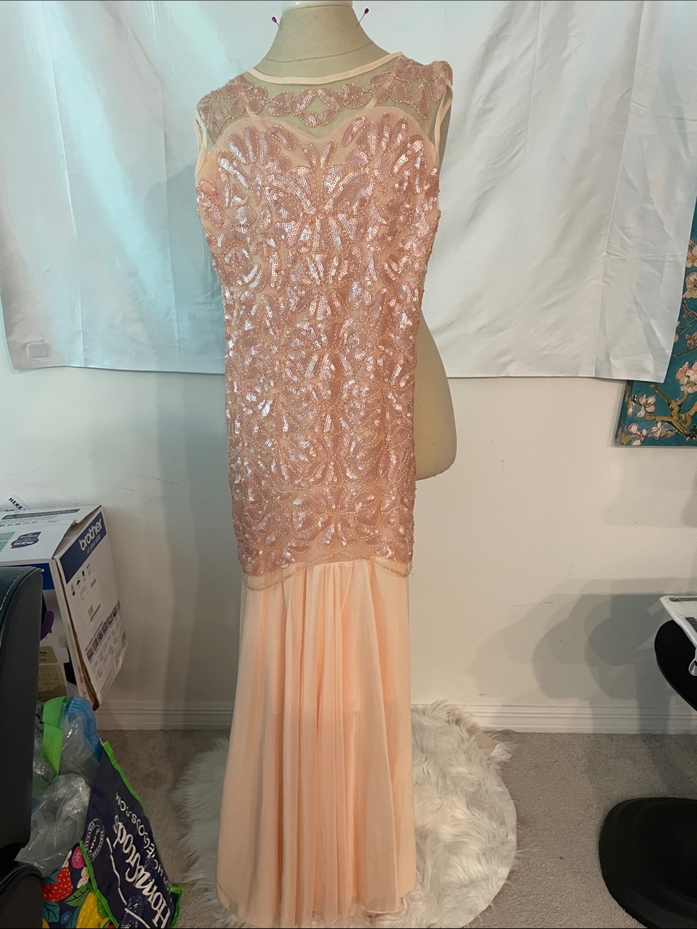 Beaded Illusion Neckline Prom Dress in Blush Pink